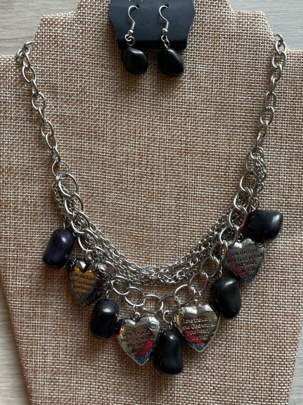 Silver-Tone Heart Charm & Black Bead Necklace by